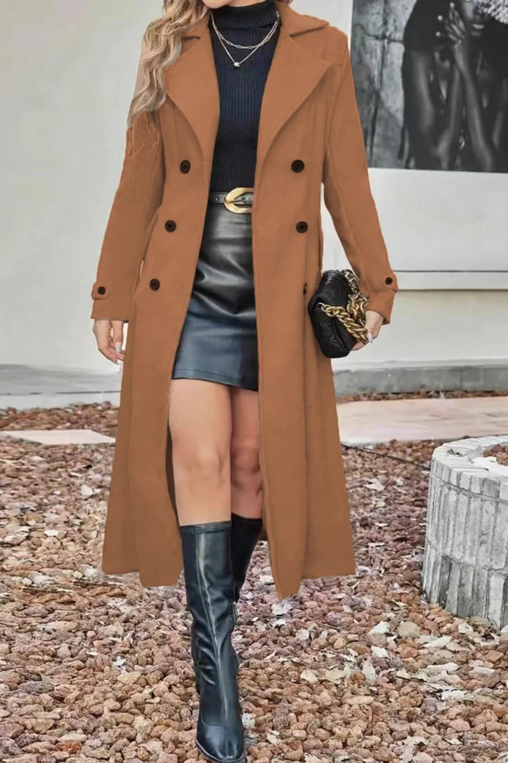 Wool Blend Lapel Double Breasted Chic Overcoat - Image 9