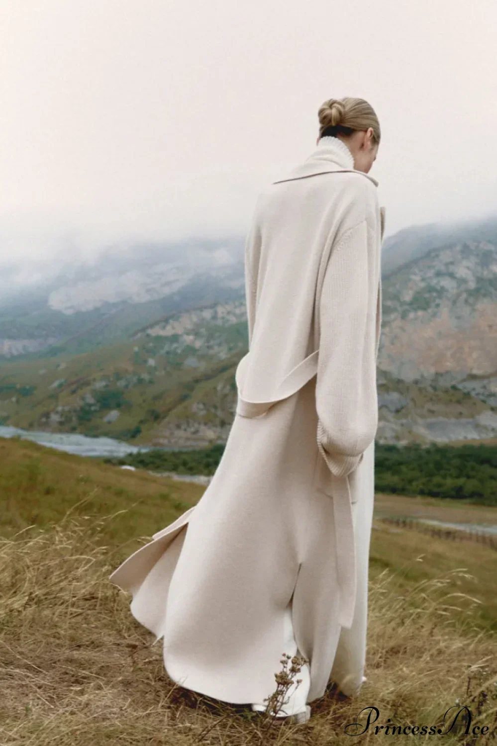 Wool Blend Lapel Tie Waist Long Overcoat - Image 4