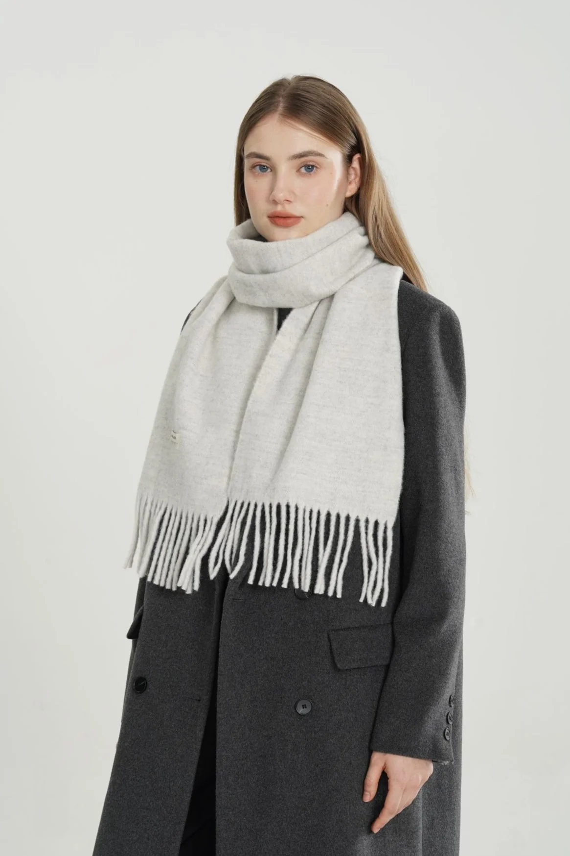 Wool Blend Minimalist Solid Woven Fringed Scarf - Image 10