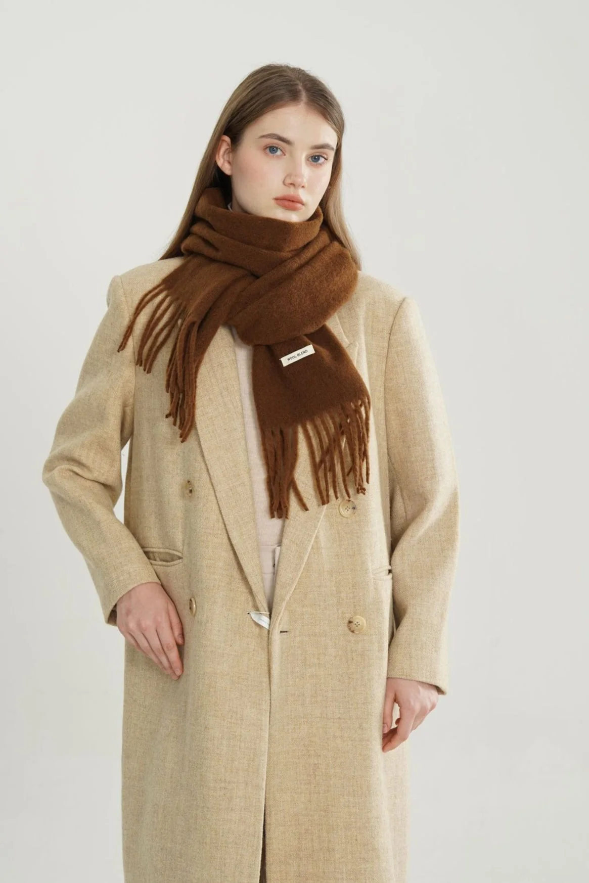 Wool Blend Minimalist Solid Woven Fringed Scarf - Image 2