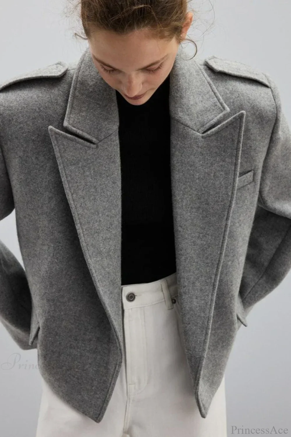 Wool Blend Notched Lapel Epaulette Coat - Image 2
