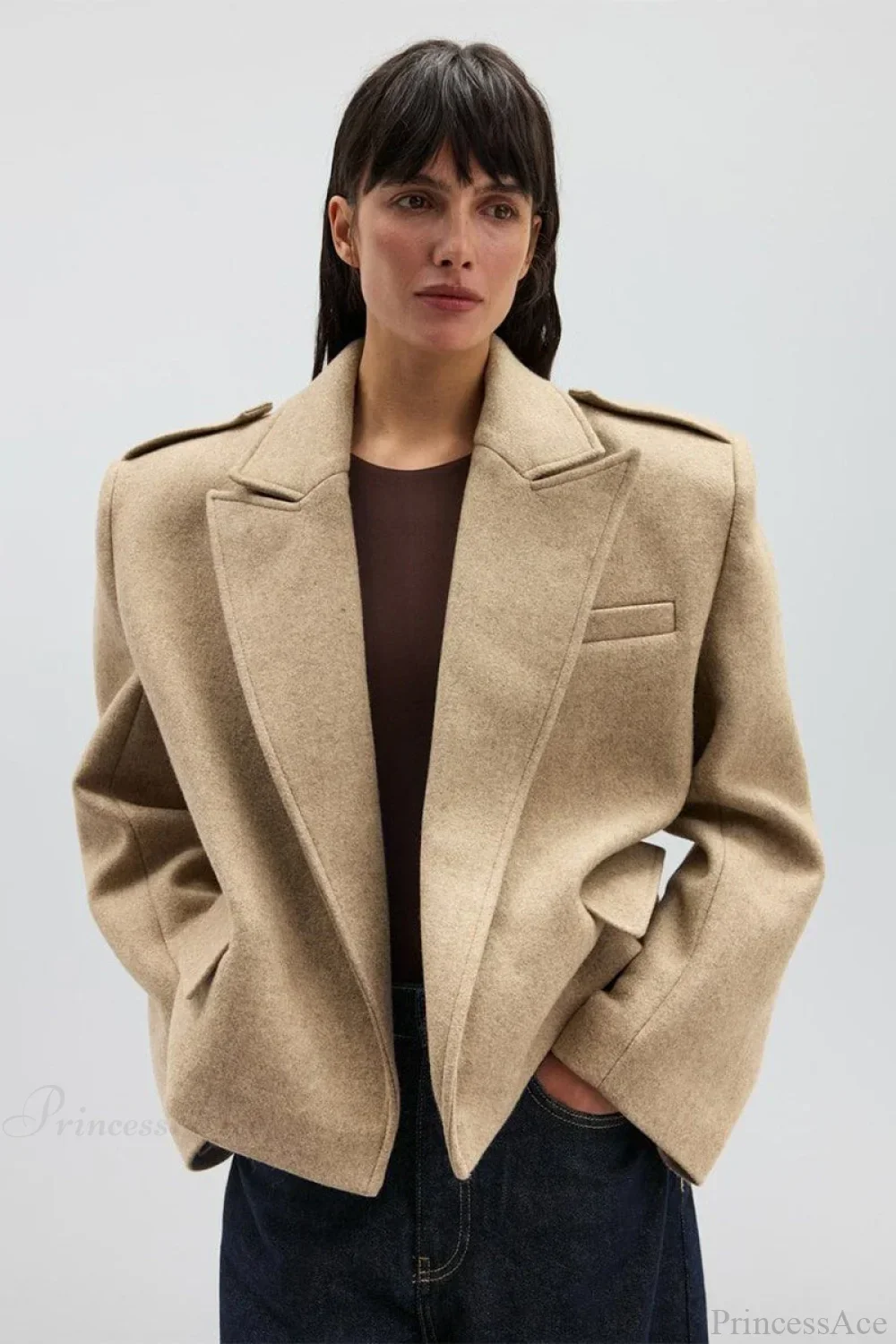 Wool Blend Notched Lapel Epaulette Coat - Image 5