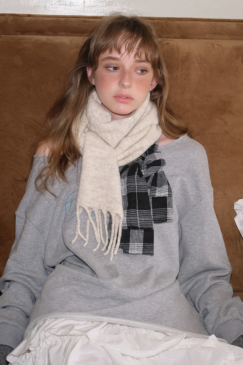 Wool Blend Plaid Patchwork Deconstructed Fringed Scarf - Image 4