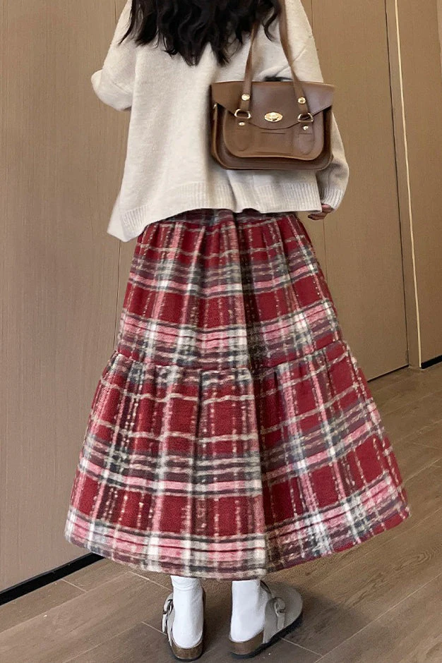 Wool Blend Tiered Plaid Skirt - Image 3