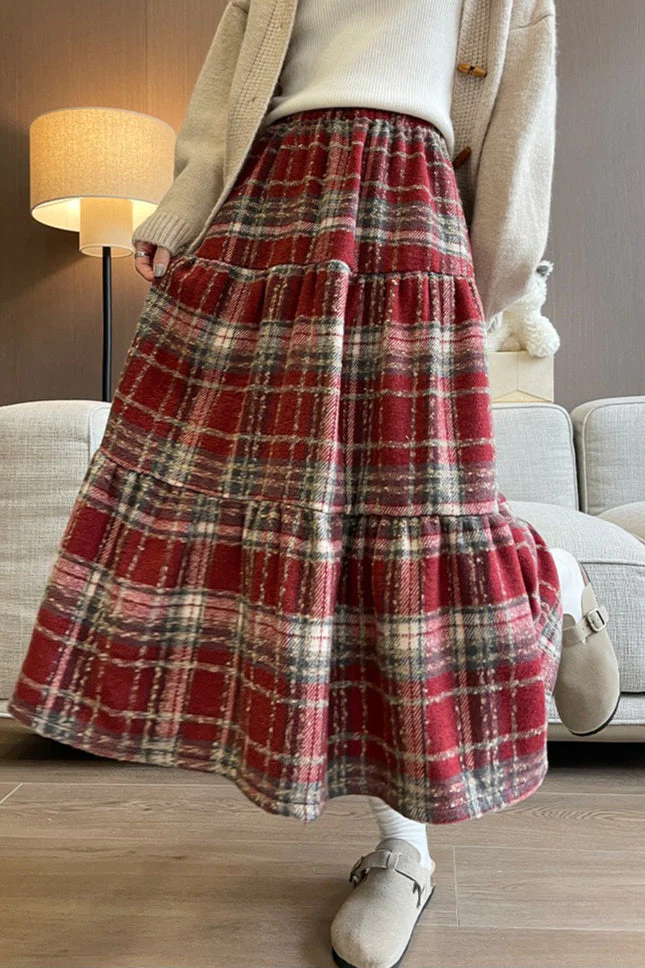 Wool Blend Tiered Plaid Skirt - Image 4