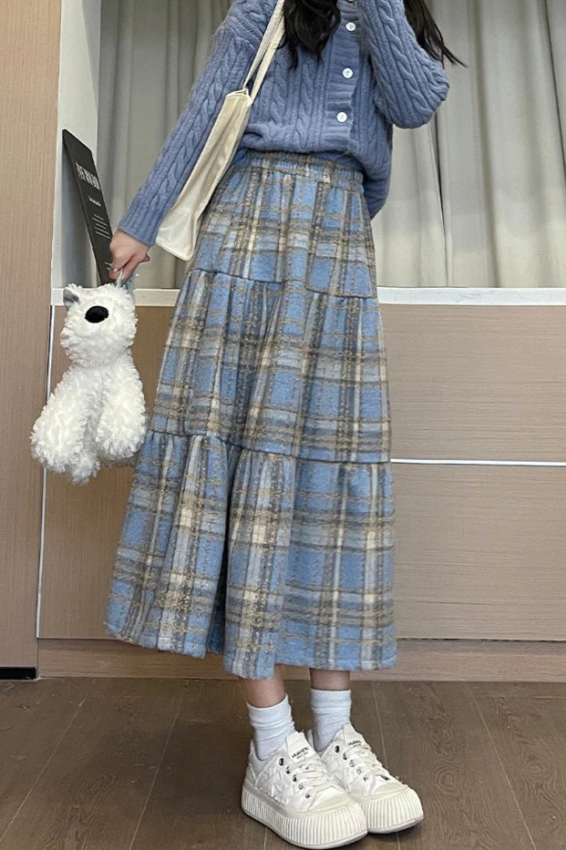 Wool Blend Tiered Plaid Skirt - Image 5