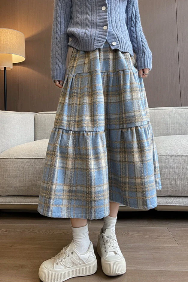 Wool Blend Tiered Plaid Skirt - Image 6