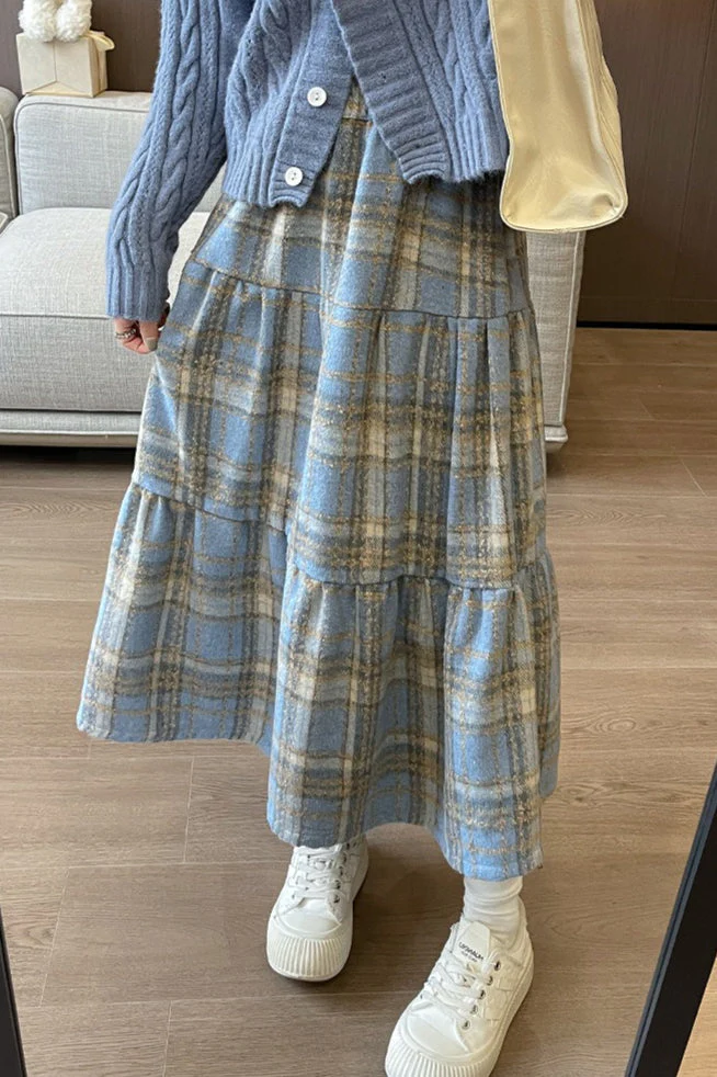 Wool Blend Tiered Plaid Skirt - Image 7