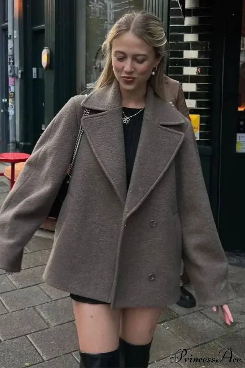 Wool Double Breasted Collared Short Sleeve Coat - Image 2