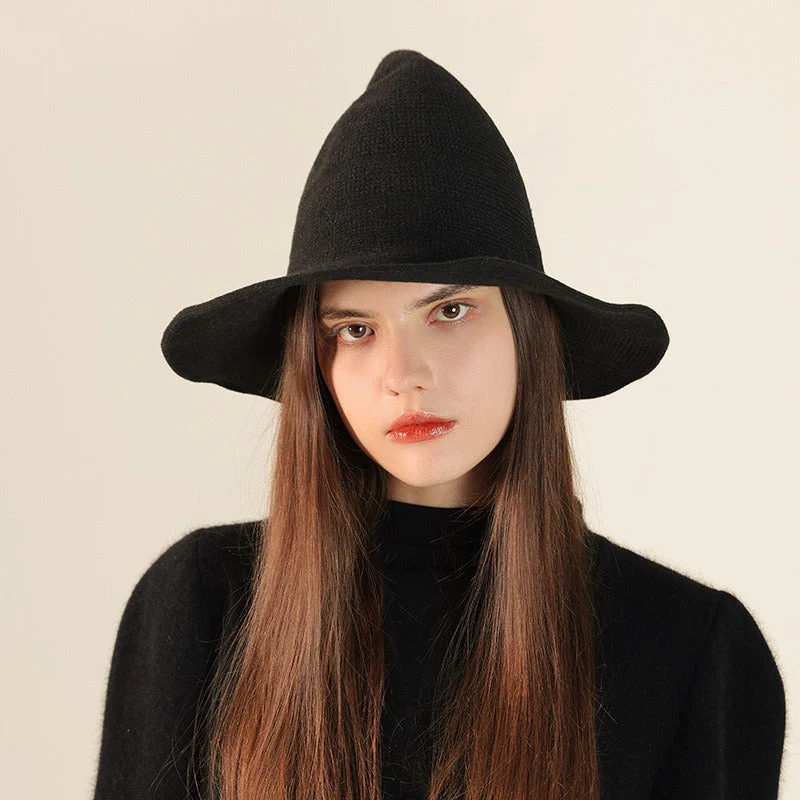 Wool Knitted Pointed Top Wide Brim Witch Hat - Image 5
