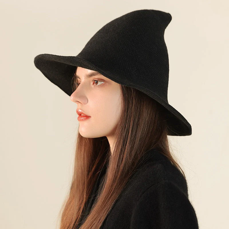 Wool Knitted Pointed Top Wide Brim Witch Hat - Image 6