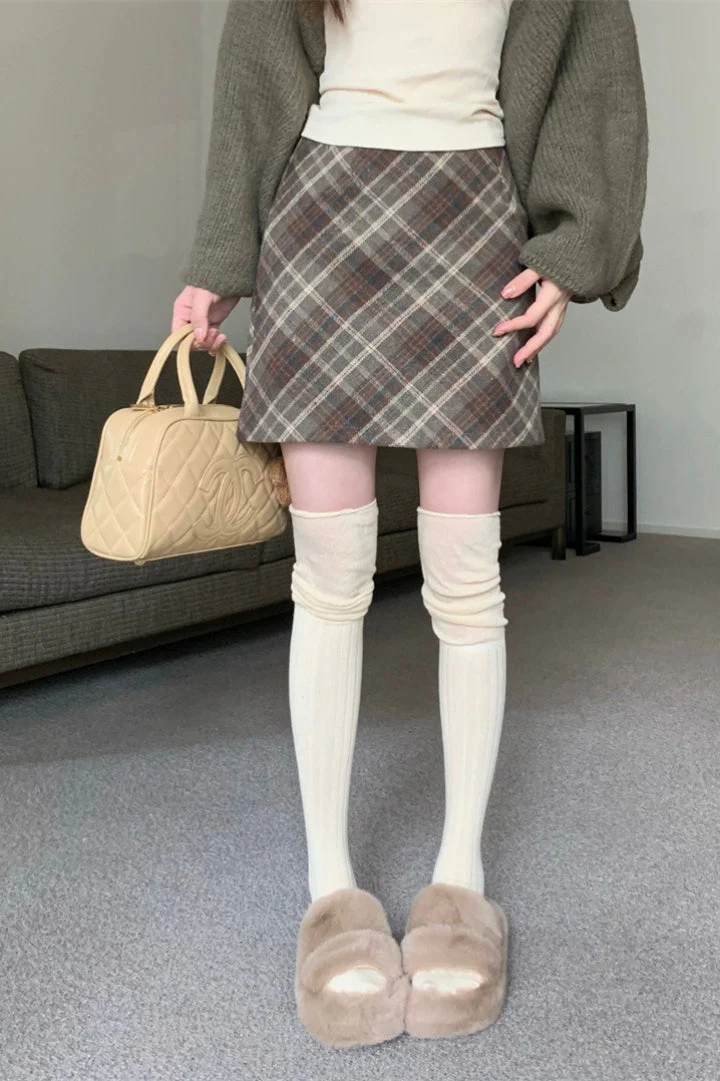 Wool Plaid High Waist A-Line Skirt - Image 3