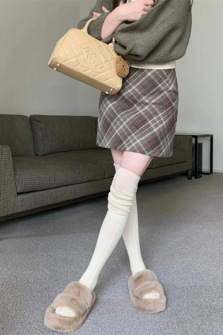 Wool Plaid High Waist A-Line Skirt - Image 5