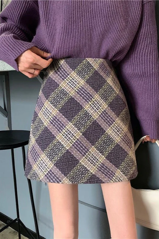 Wool Plaid High Waist A-Line Skirt - Image 3