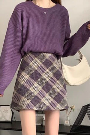 Wool Plaid High Waist A-Line Skirt - Image 4