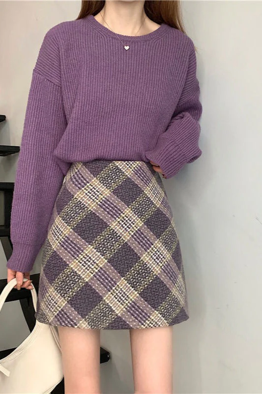 Wool Plaid High Waist A-Line Skirt - Image 5