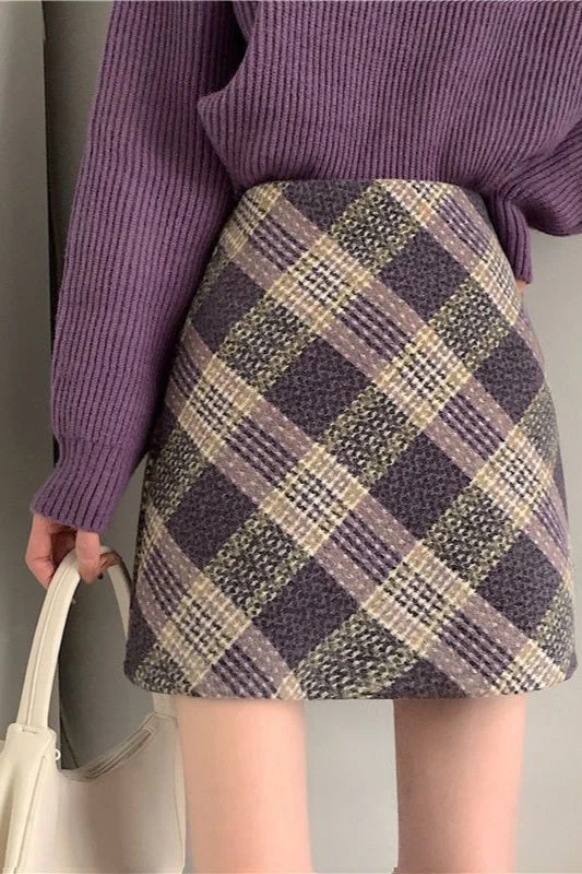 Wool Plaid High Waist A-Line Skirt - Image 6