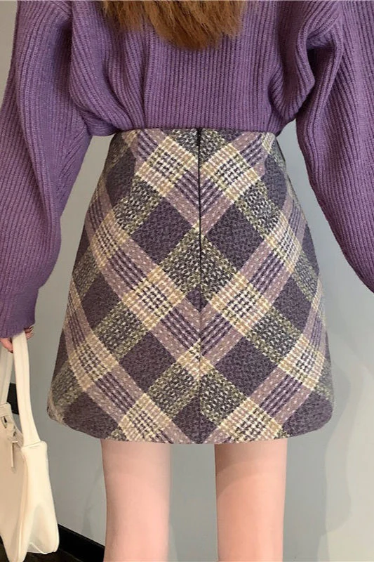 Wool Plaid High Waist A-Line Skirt - Image 7