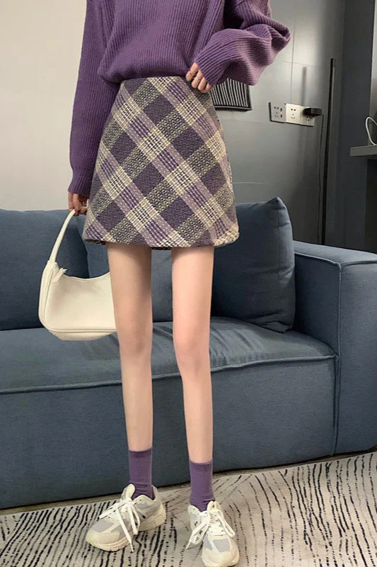 Wool Plaid High Waist A-Line Skirt - Image 8
