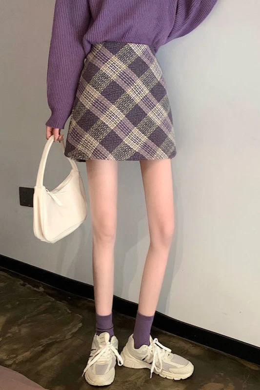 Wool Plaid High Waist A-Line Skirt - Image 9