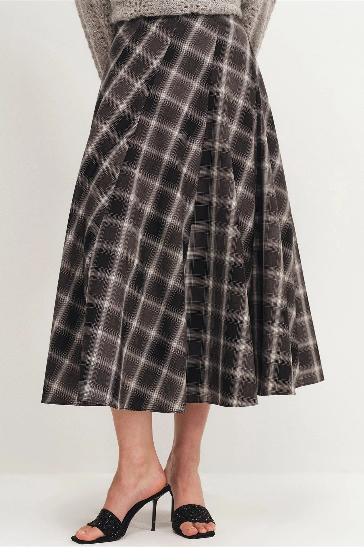 Wool Plaid Waist Defined A-Line Skirt - Image 2