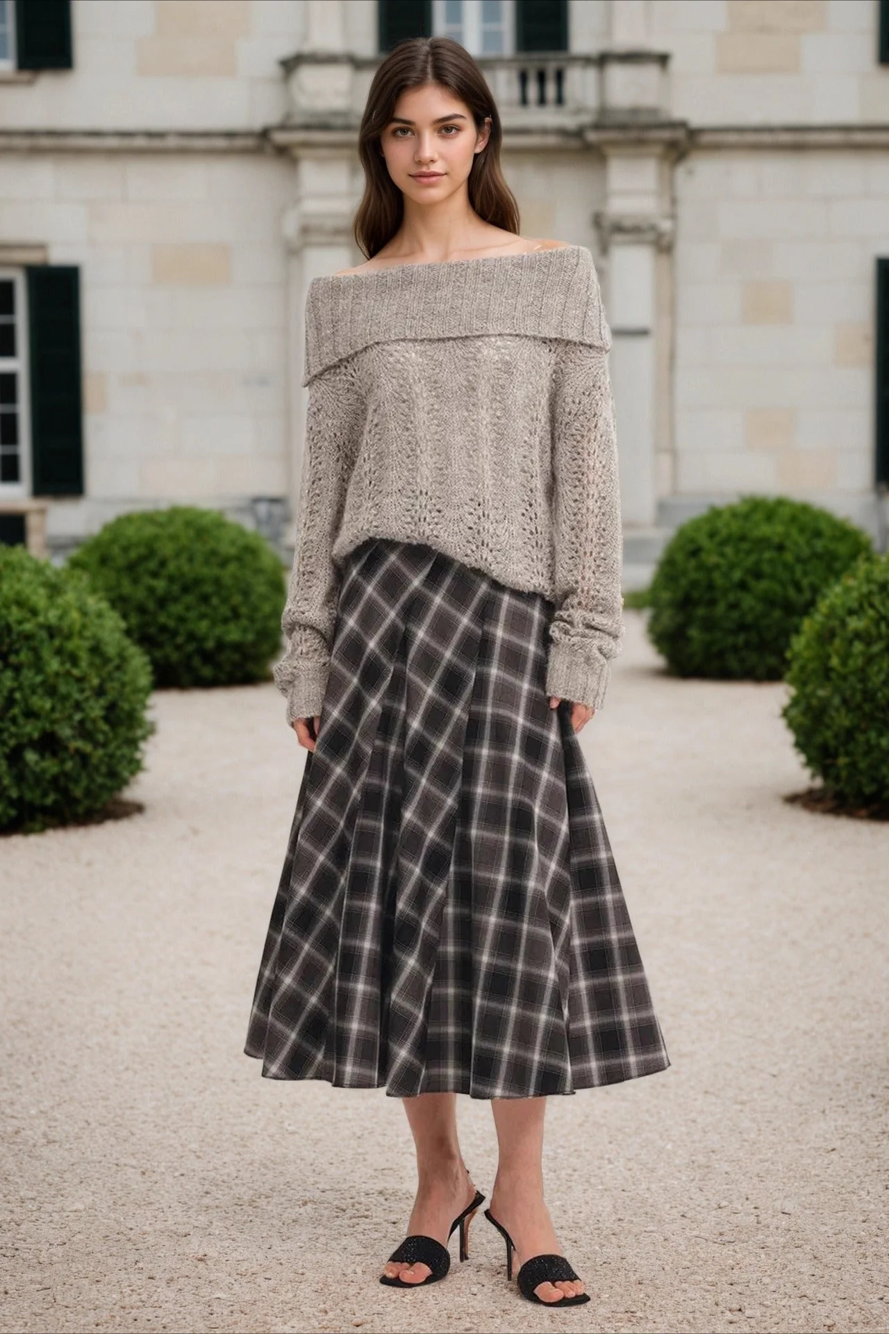 Wool Plaid Waist Defined A-Line Skirt - Image 4