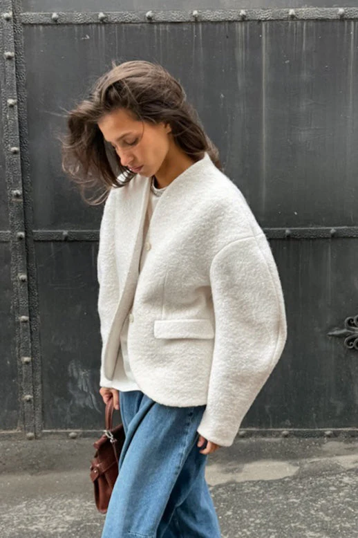 Wool Solid V-Neck Thickened Pocket Coat - Image 4
