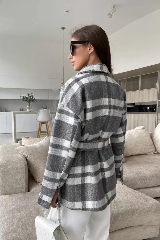 Woolen Plaid Belted Chic Thick Coat - Image 4