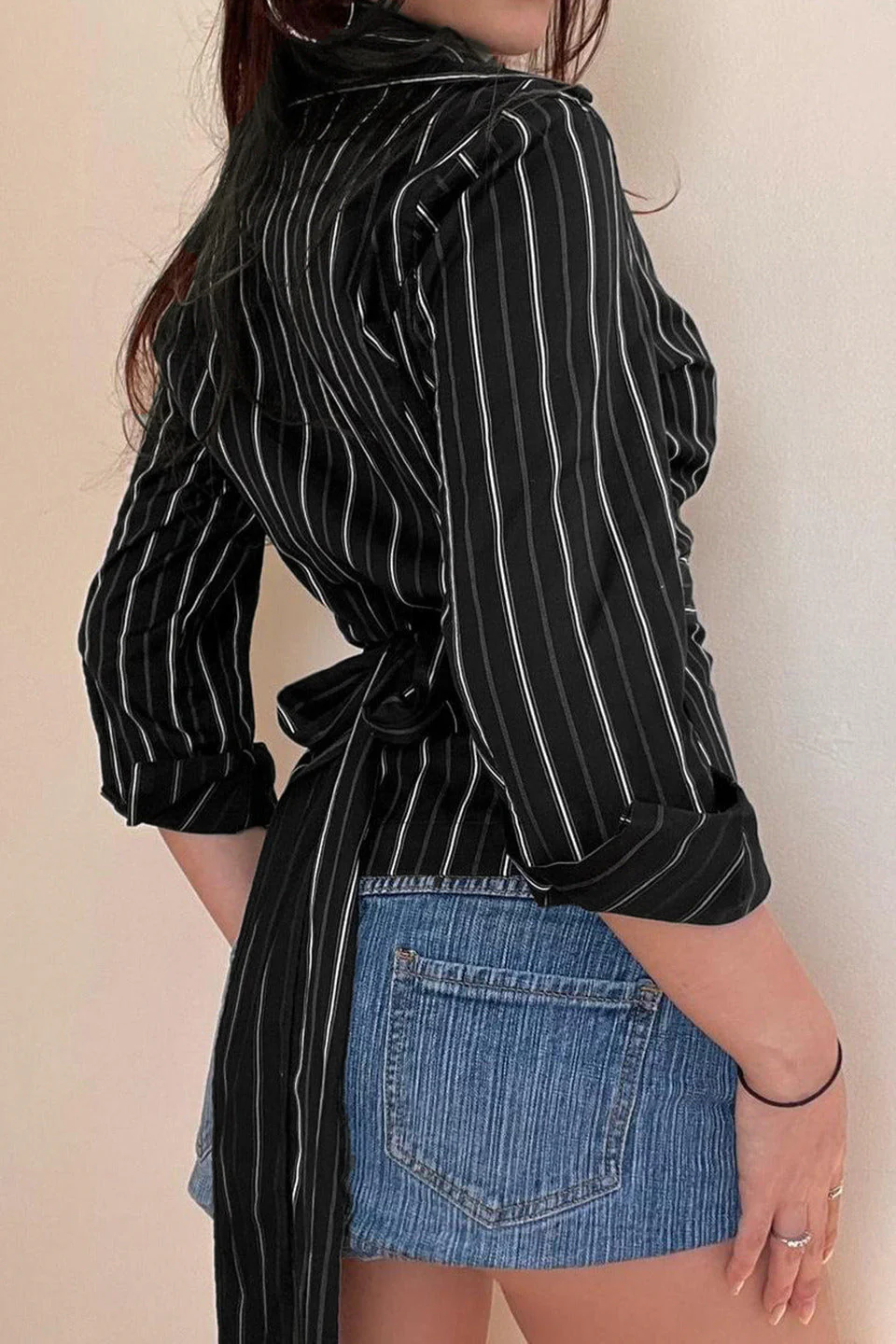 Woven Striped Collared Tie Waist Long Sleeve Blouse - Image 3