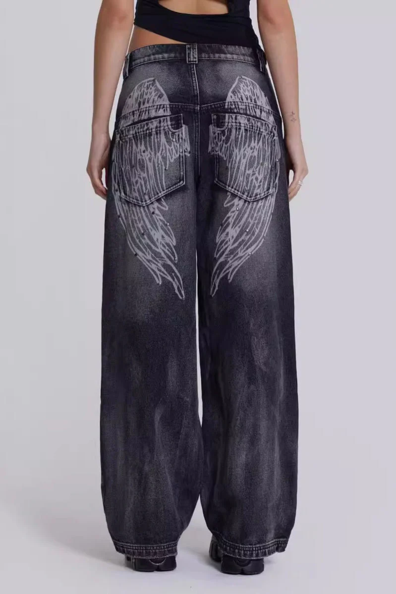 Y2K Angel Wing Print Washed Wide Leg Jeans - Image 2