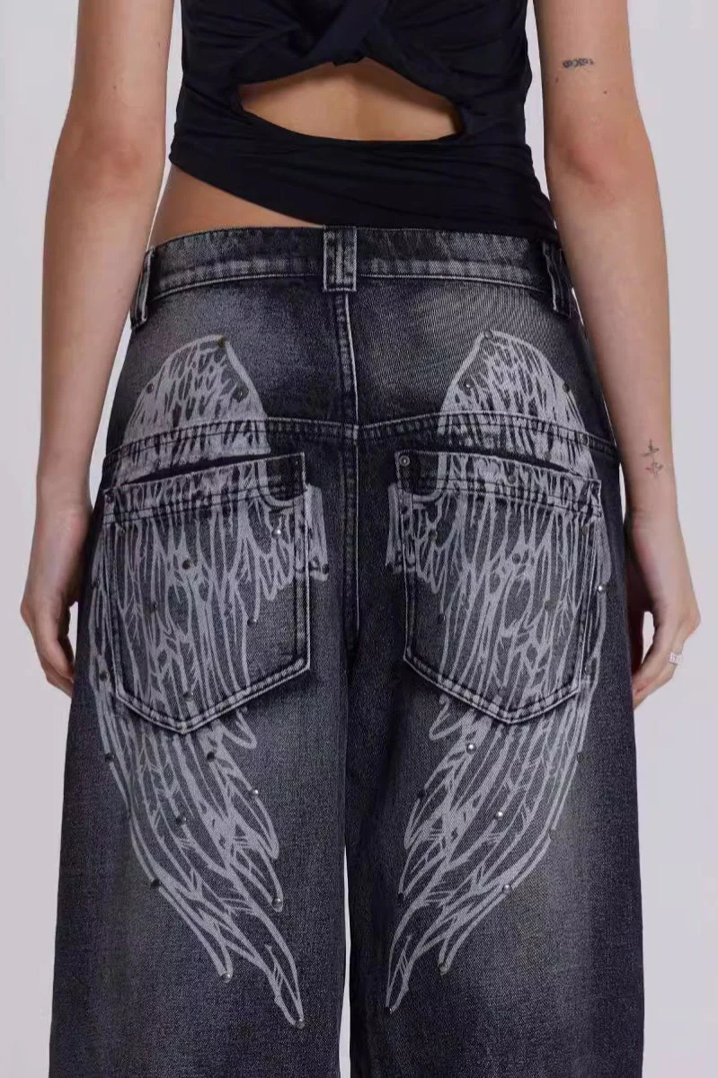 Y2K Angel Wing Print Washed Wide Leg Jeans - Image 3