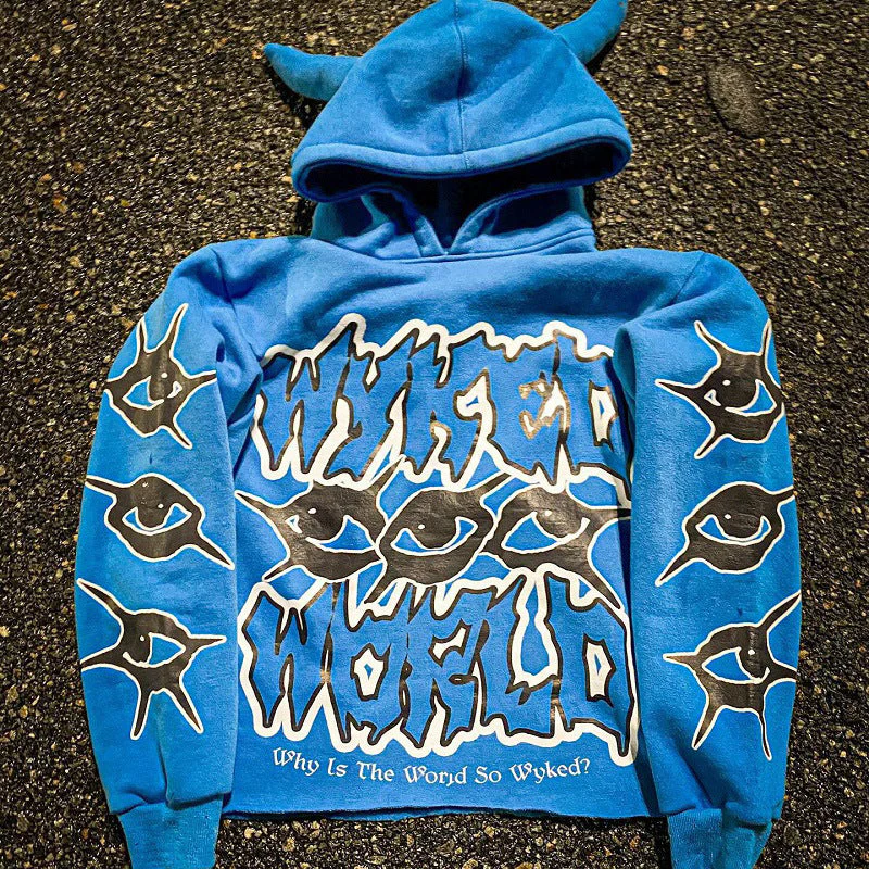 Y2K Chic Street Print Devil Horn Hoodie - Image 2