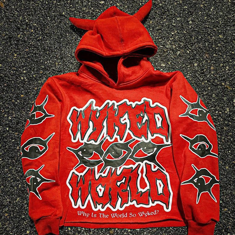 Y2K Chic Street Print Devil Horn Hoodie - Image 3