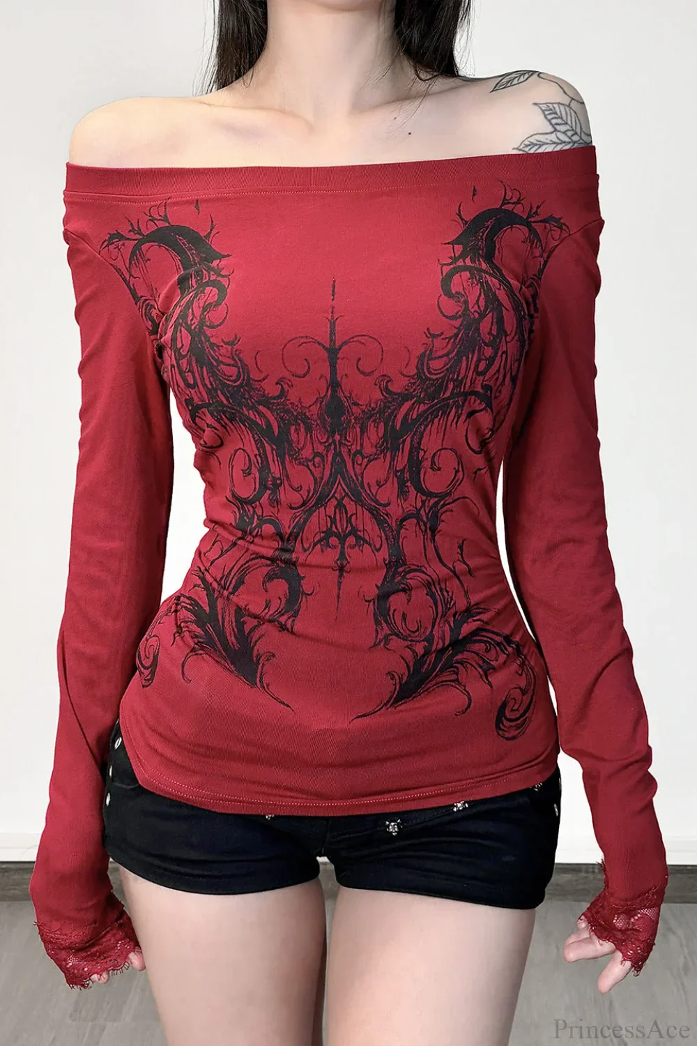 Y2K Dark Print Off Shoulder Long Sleeve Tee - Image 2