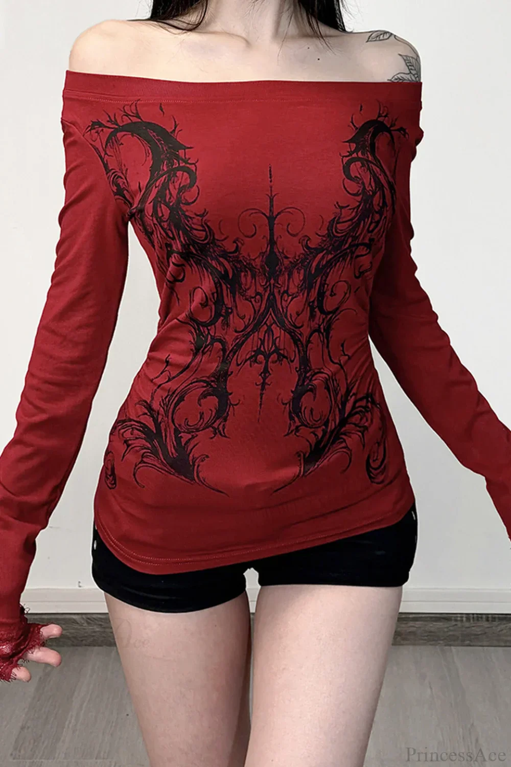 Y2K Dark Print Off Shoulder Long Sleeve Tee - Image 3