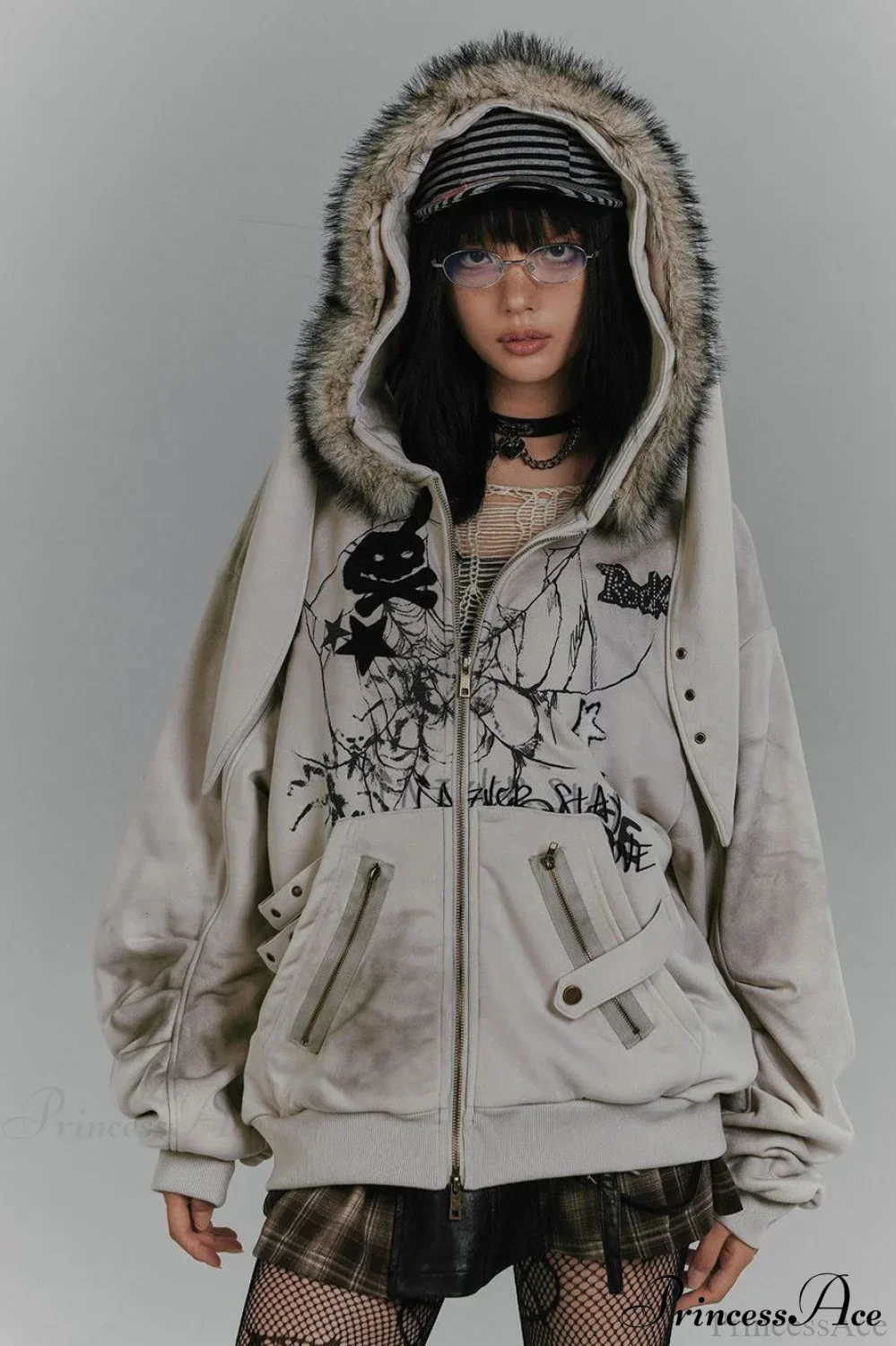 Y2K Fleece Collar Bunny Ear Print Hoodie - Image 3