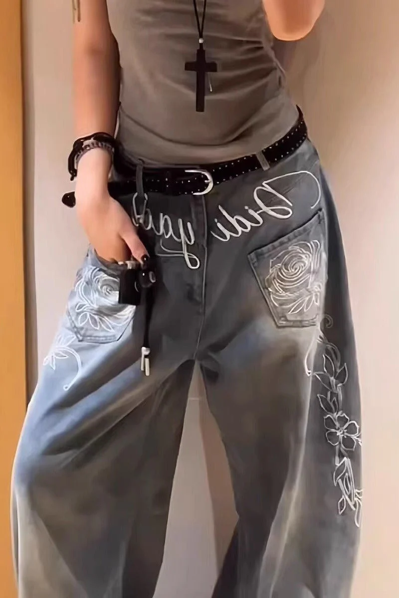 Y2K Floral Letter Embroidery Wide Leg Jeans - Image 2