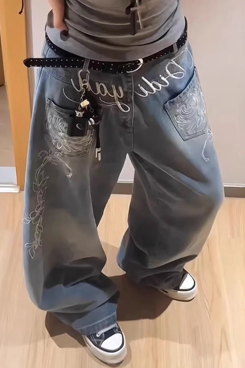 Y2K Floral Letter Embroidery Wide Leg Jeans - Image 3
