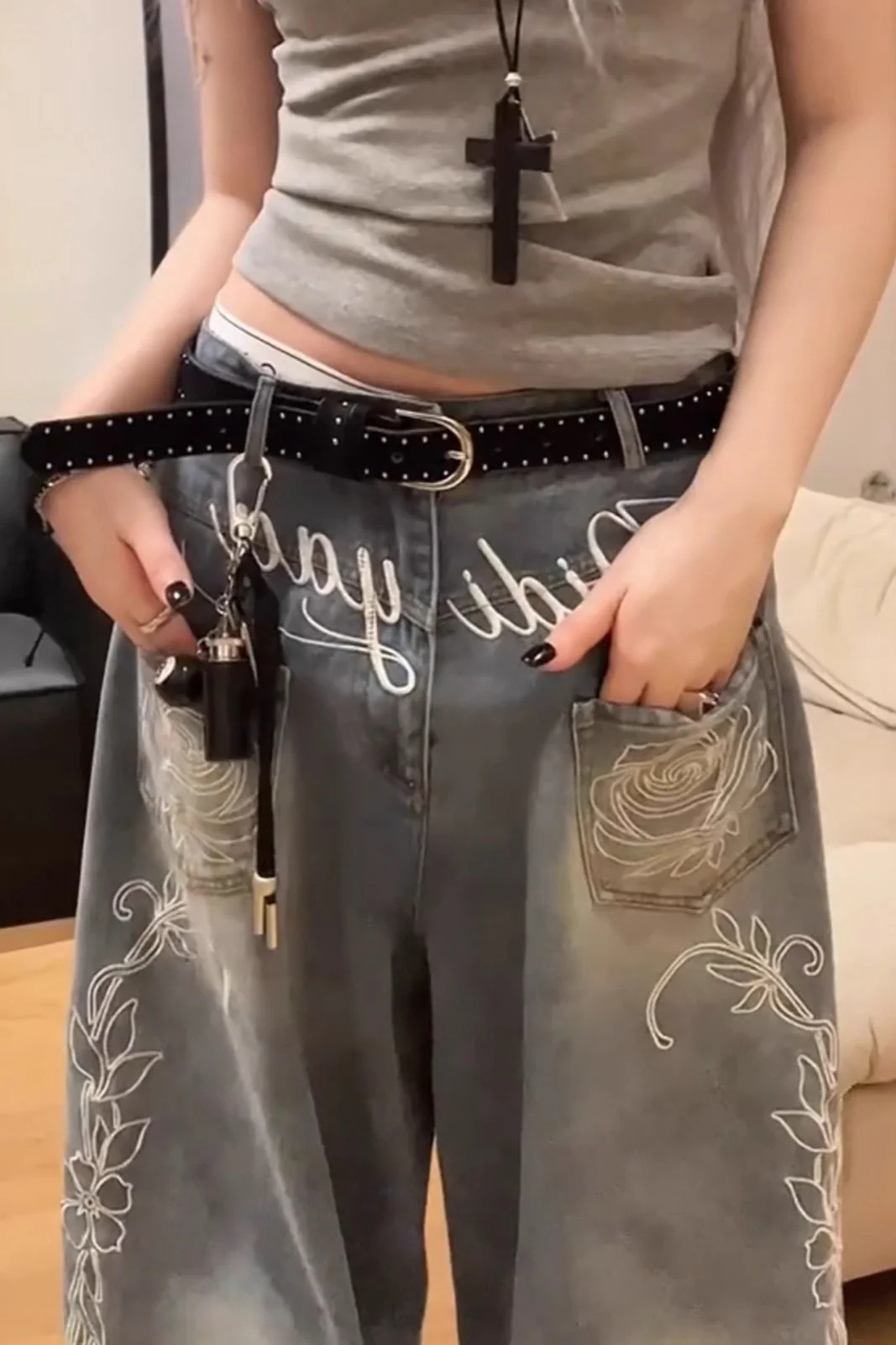 Y2K Floral Letter Embroidery Wide Leg Jeans - Image 4