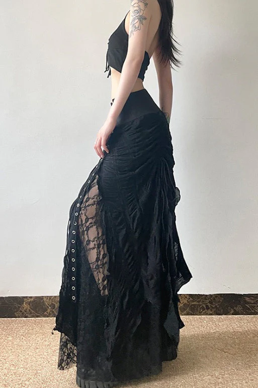 Y2K Goth Lace-Up Paneled Patchwork Maxi Skirt - Image 2