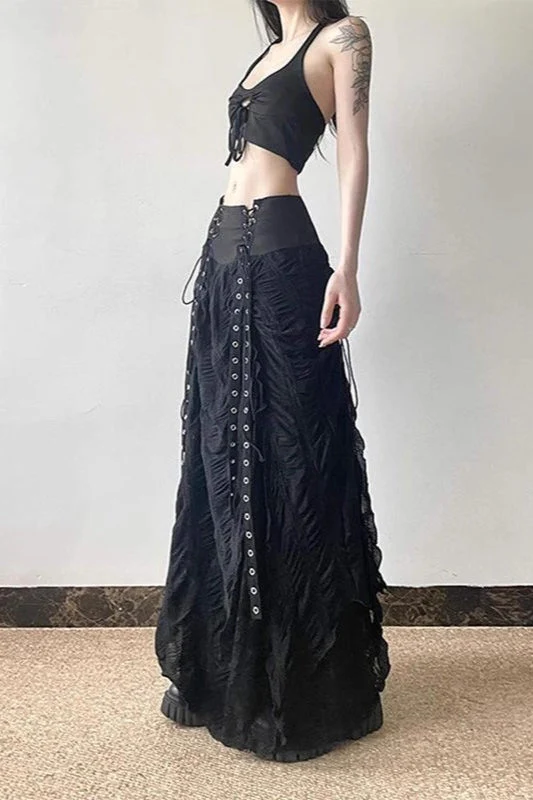 Y2K Goth Lace-Up Paneled Patchwork Maxi Skirt - Image 3