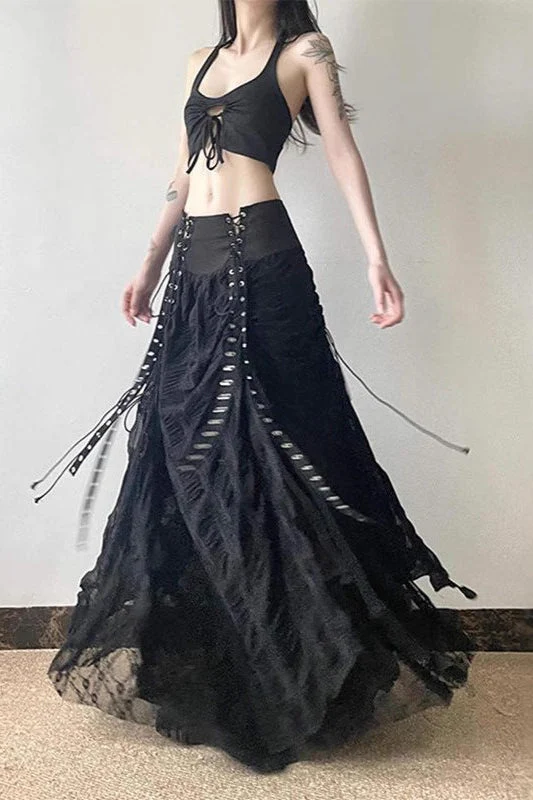 Y2K Goth Lace-Up Paneled Patchwork Maxi Skirt - Image 4