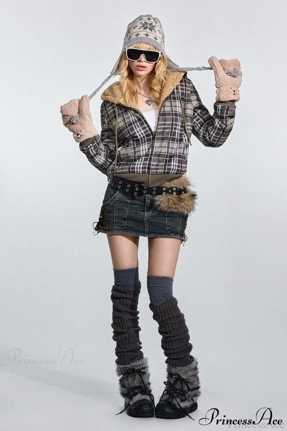 Y2K Plaid Sherpa Fleece Hoodie - Image 2
