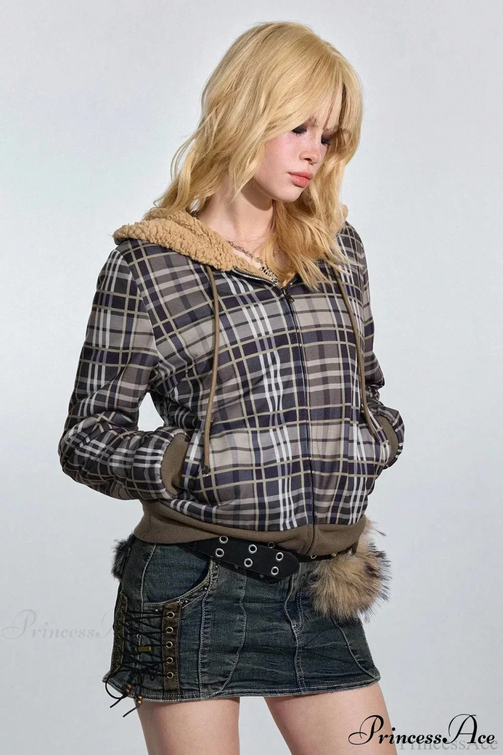 Y2K Plaid Sherpa Fleece Hoodie - Image 3