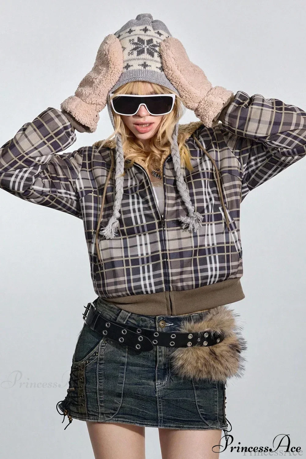 Y2K Plaid Sherpa Fleece Hoodie - Image 5