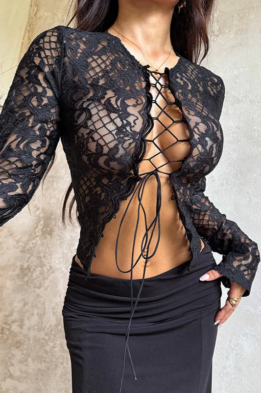 Y2K Retro Lace Up Sexy Lace Blouse - Image 3