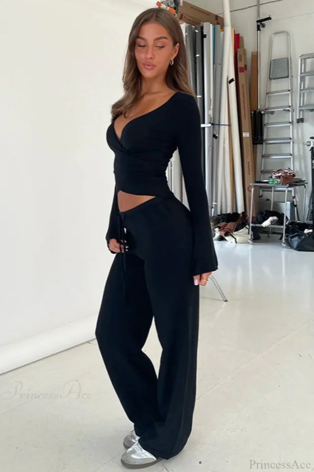 Y2K Sexy V-Neck Fitted Top Casual Pants Two Piece Set - Image 10