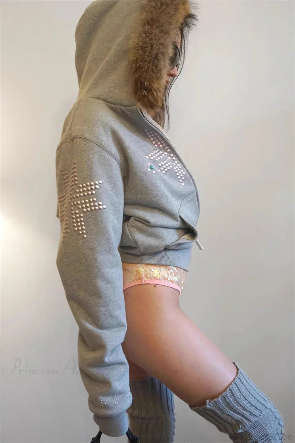 Y2K Sherpa Collar Rhinestone Zip-Front Waist-Cinched Hoodie - Image 3