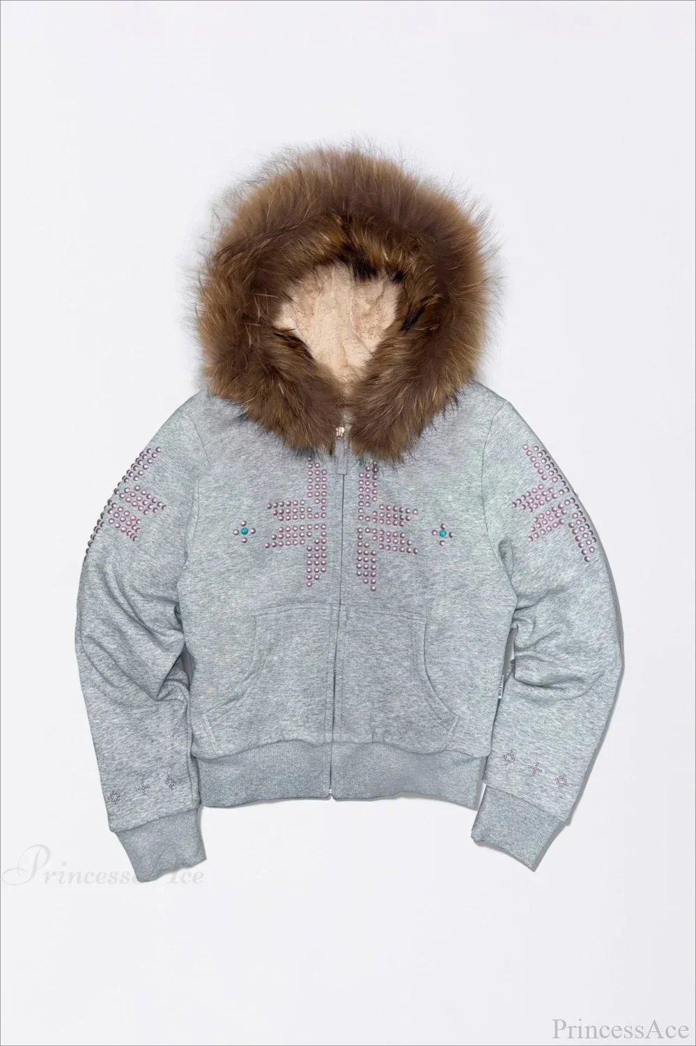 Y2K Sherpa Collar Rhinestone Zip-Front Waist-Cinched Hoodie - Image 5
