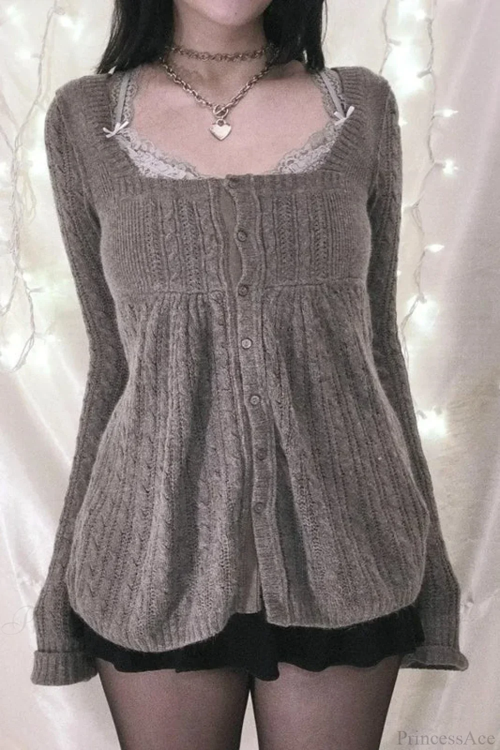 Y2K Sweet Square Neck Cable Knit Button Blouse - Image 3